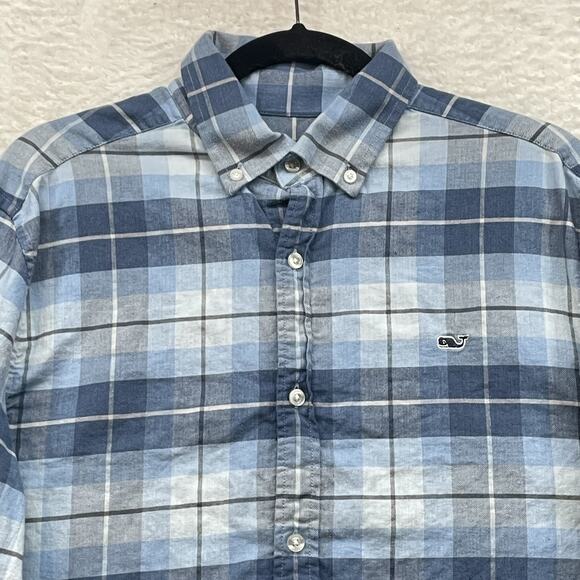 Vineyard Vines Shirt Mens Medium Blue Plaid Whale Logo Button Down Casual Cotton - Picture 4 of 11